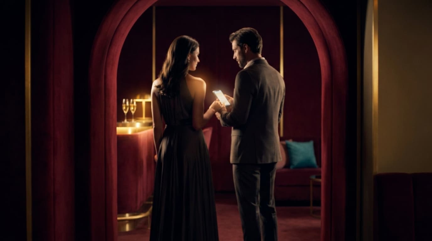 An elegant couple in a private-club doorway