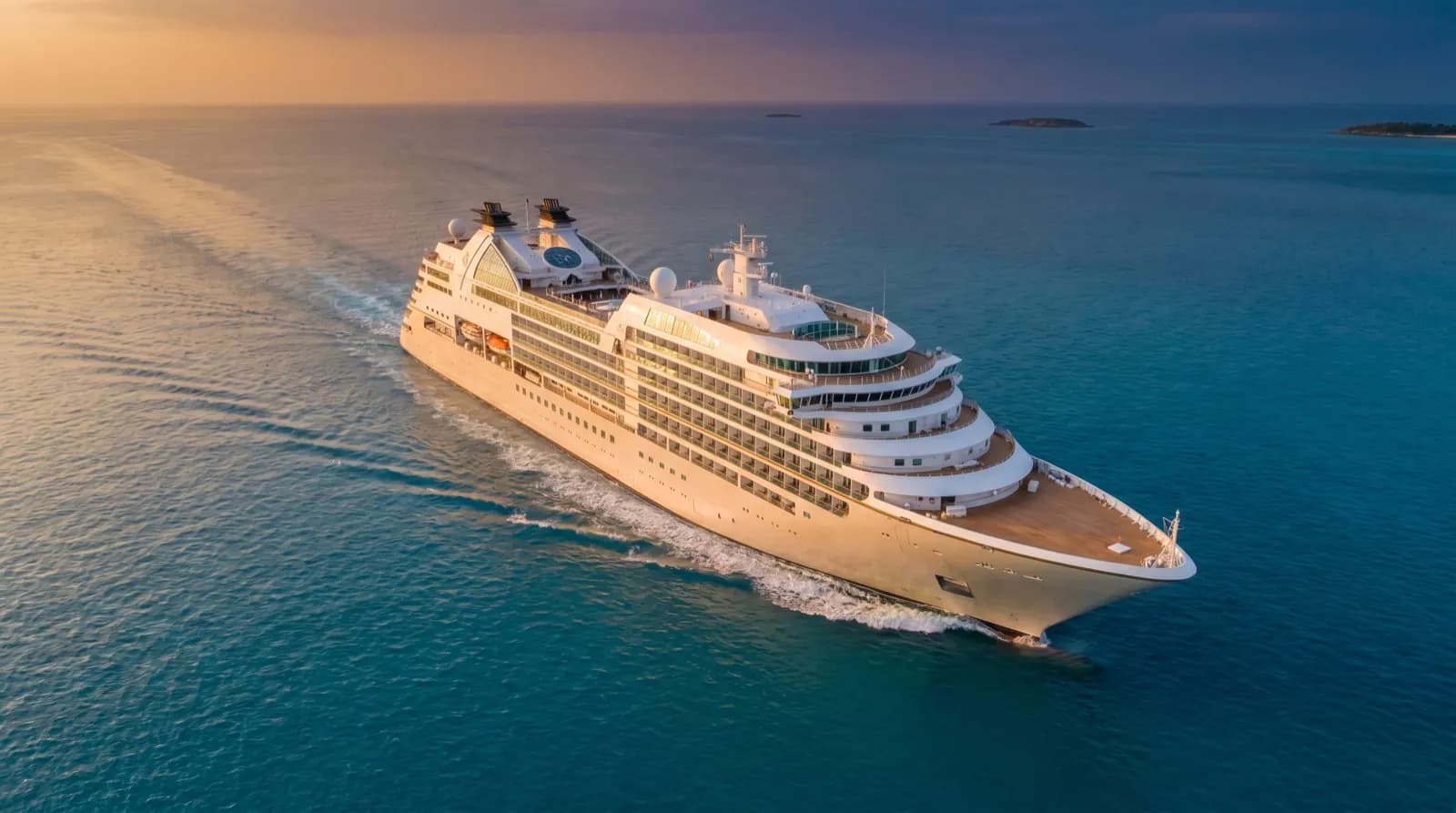 Luxury cruise ship crossing the turquoise Caribbean at golden-hour dusk