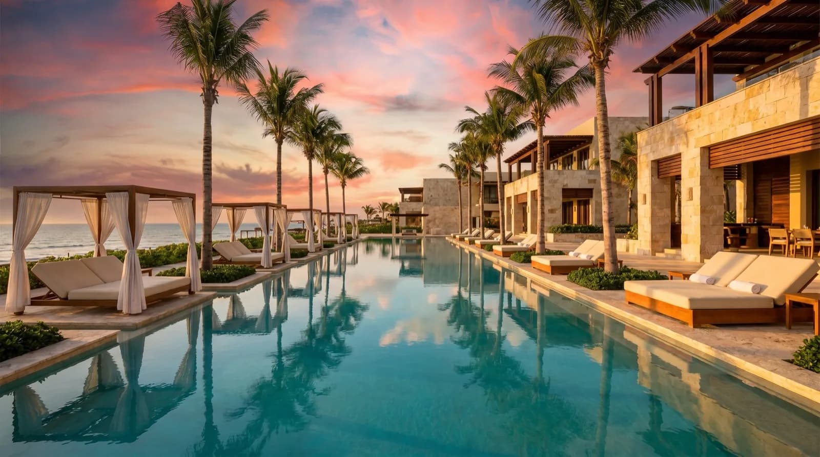 Palm-framed infinity pool at a Riviera Maya adults-only resort at golden hour