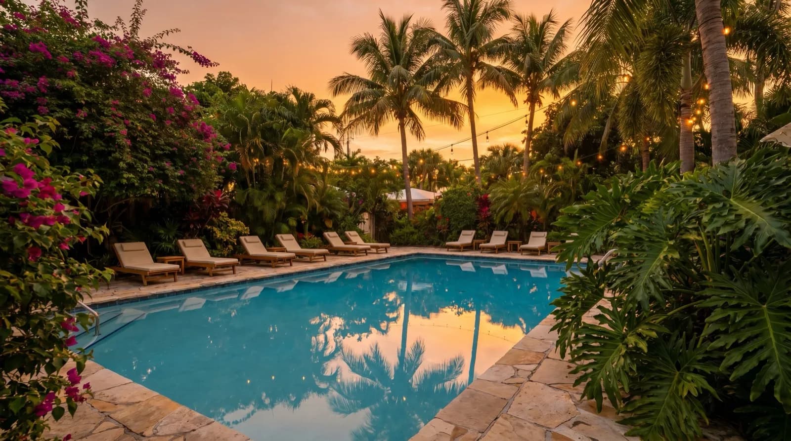 A tropical clothing-optional resort pool at golden hour