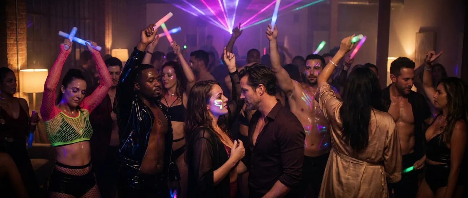 Adults dancing under pink and blue lights at a glow-themed party