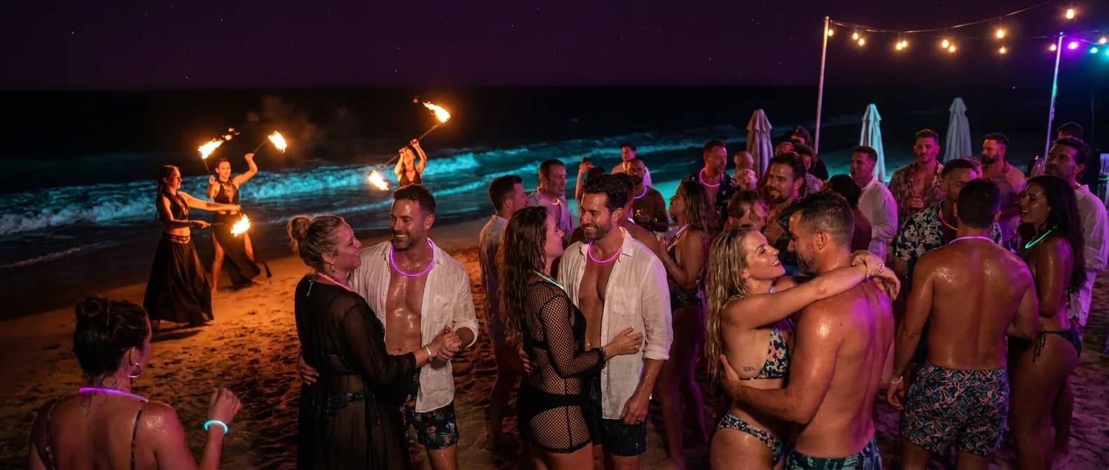 Illustrative scene: adults meeting and dancing beside the sea under pink and cyan lights