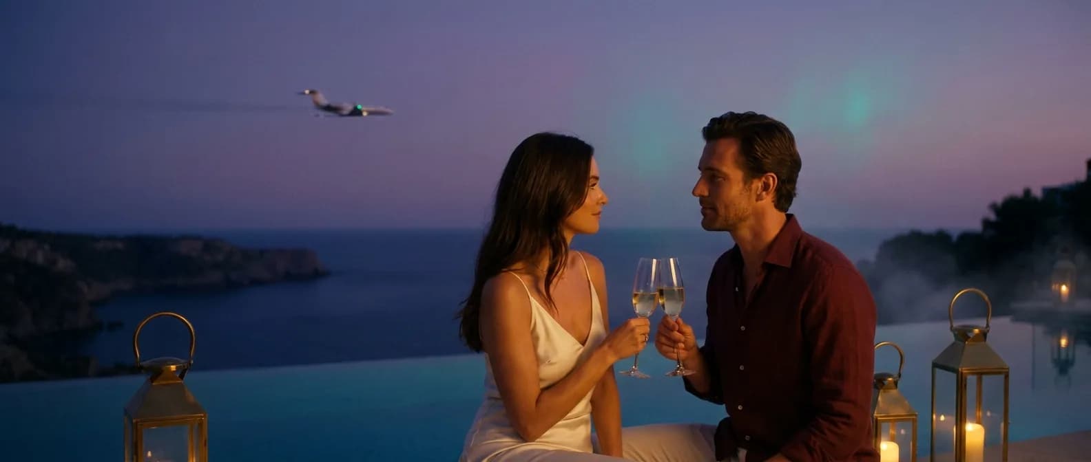 Illustrative scene: an adult couple sharing a drink beside a coastal pool at dusk