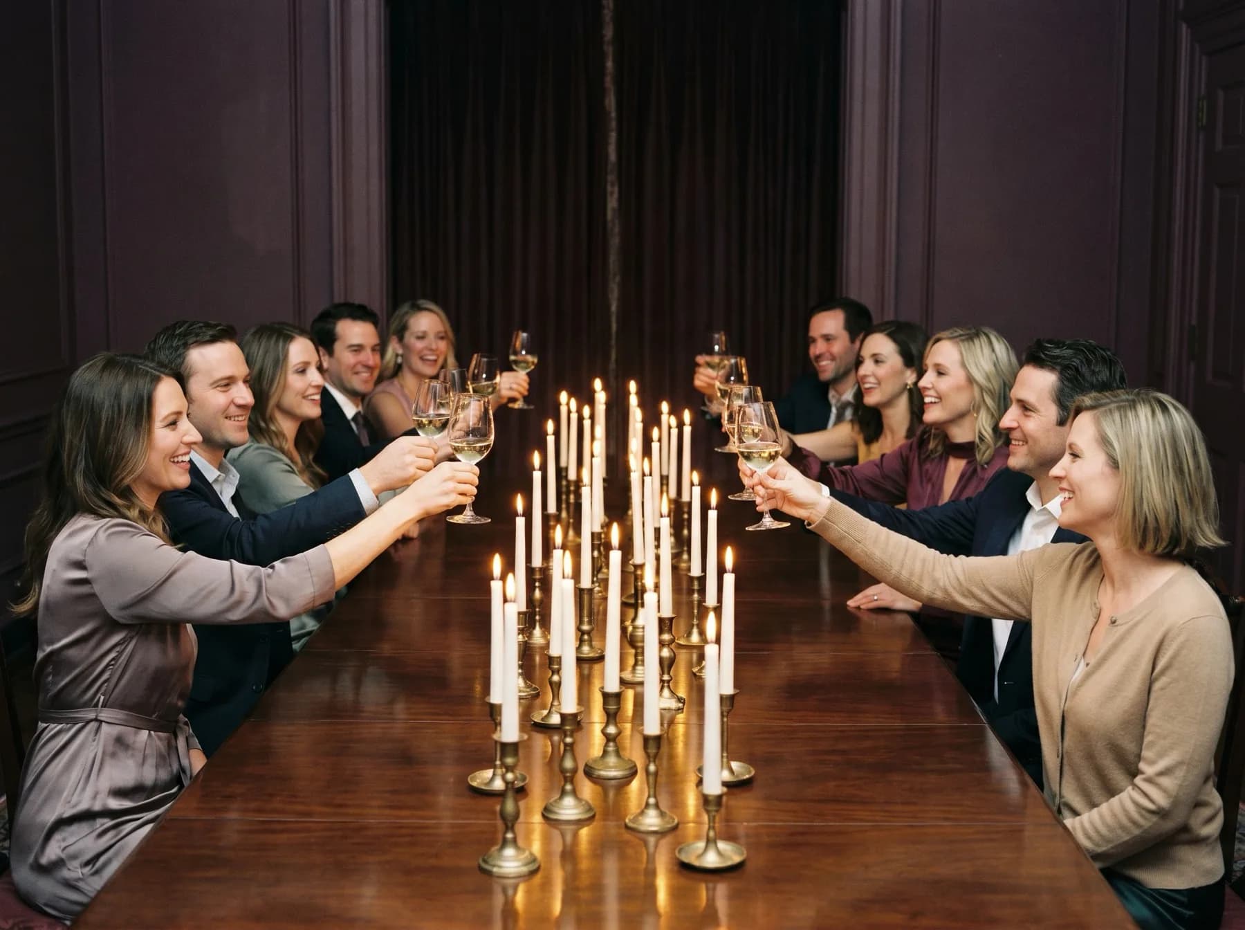 Guests in evening wear raising glasses along a candlelit dining table