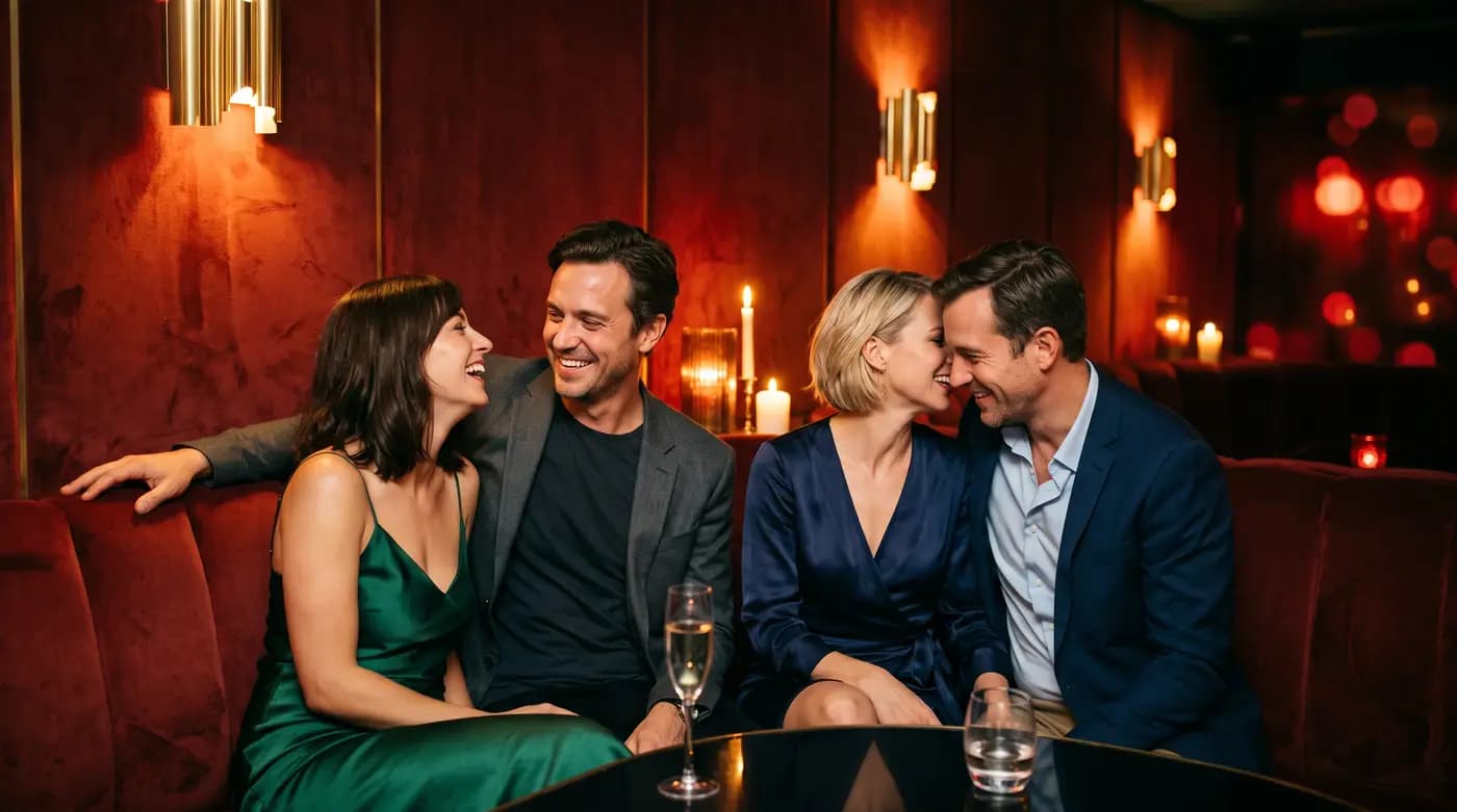 Two couples talking closely in a velvet booth lit by brass sconces