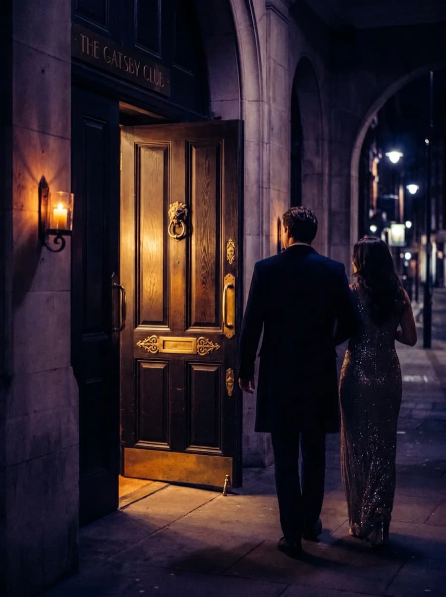 A brass-handled velvet club door, half-open onto warm light
