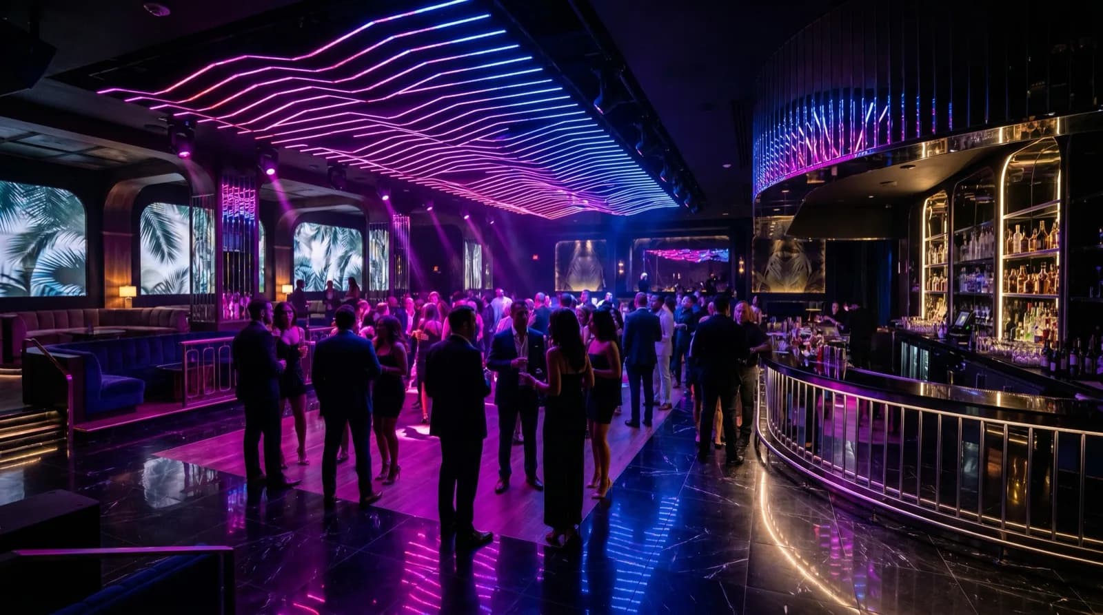 An upscale Miami nightclub dance floor under moody magenta and blue lighting