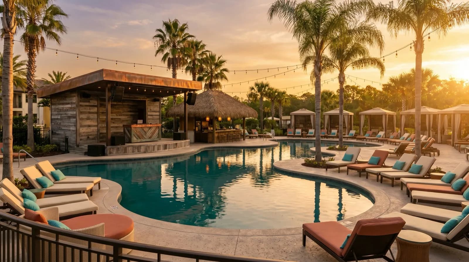 A lively adults-only Florida resort pool with a DJ stage at golden hour