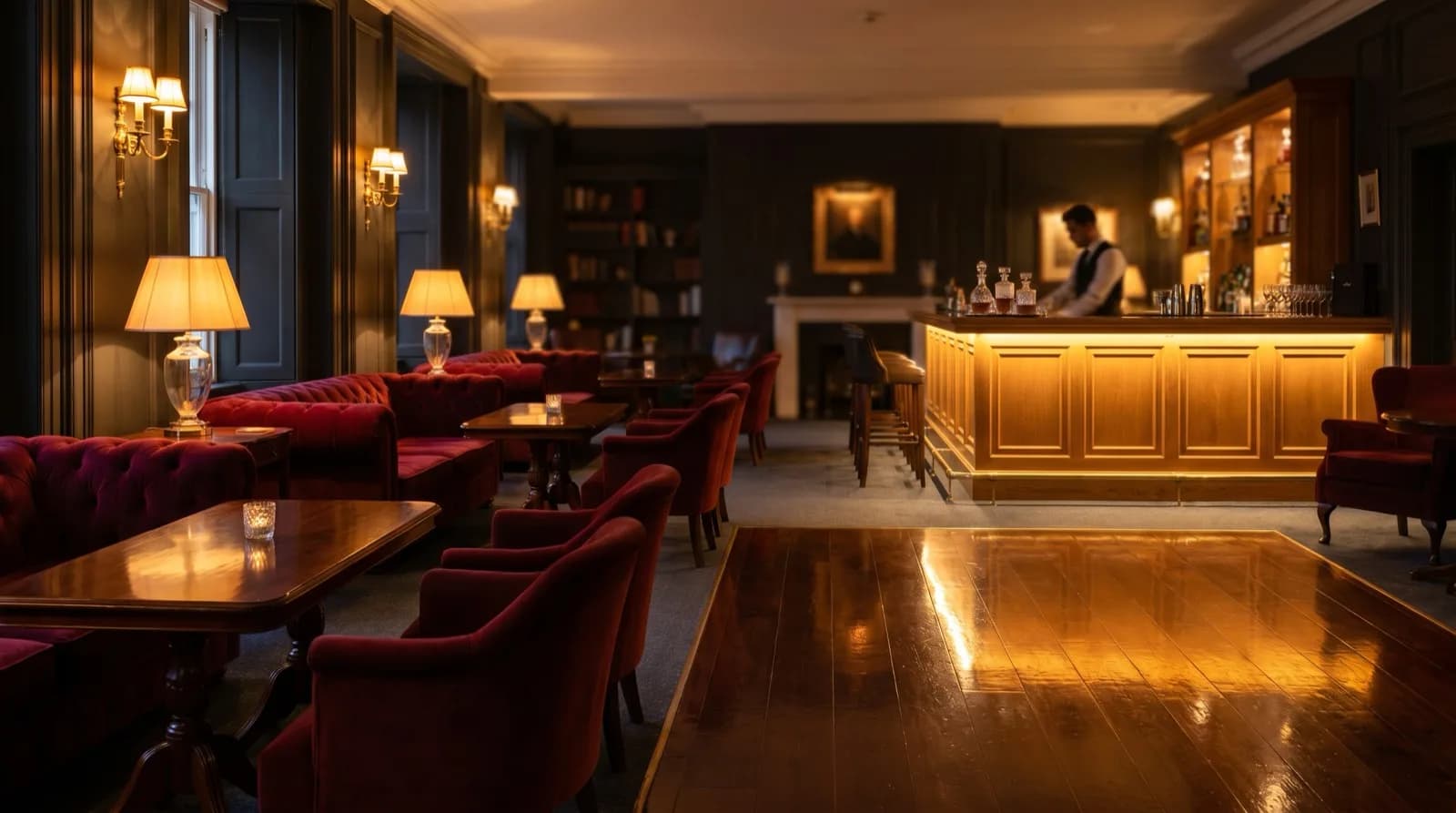 A warm, dressed-up private members' club lounge in low amber light