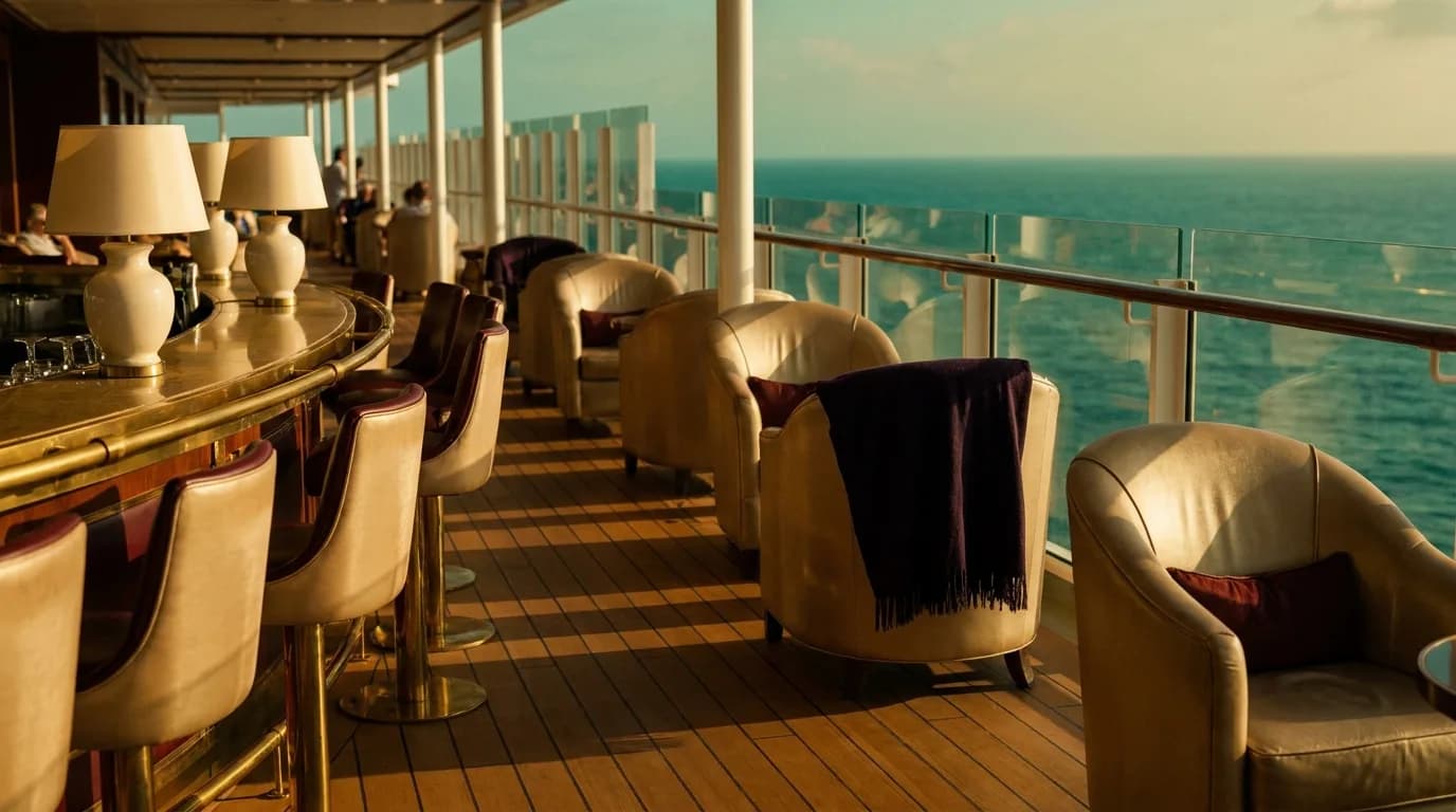 Caribbean luxury cruise-ship deck at golden hour