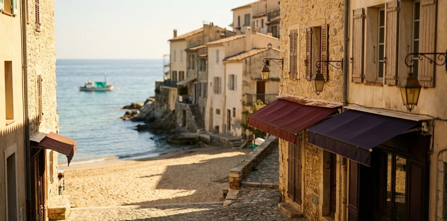 Mediterranean coastal village on the French Riviera at golden hour