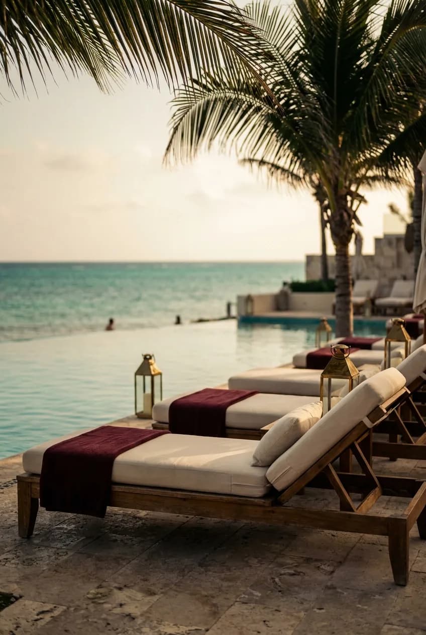 Riviera Maya, Mexico oceanfront terrace at golden hour