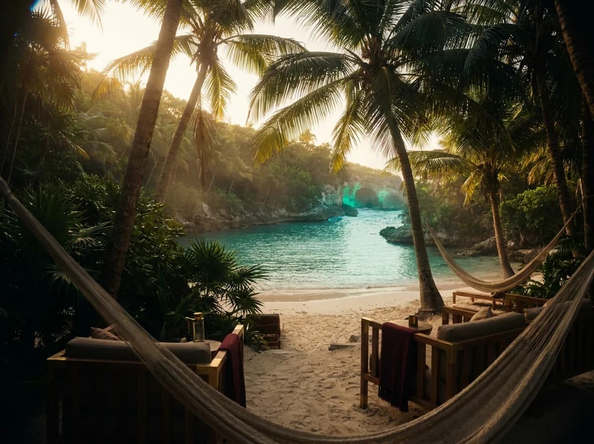 Secluded jungle-framed cove on the Riviera Maya, Mexico