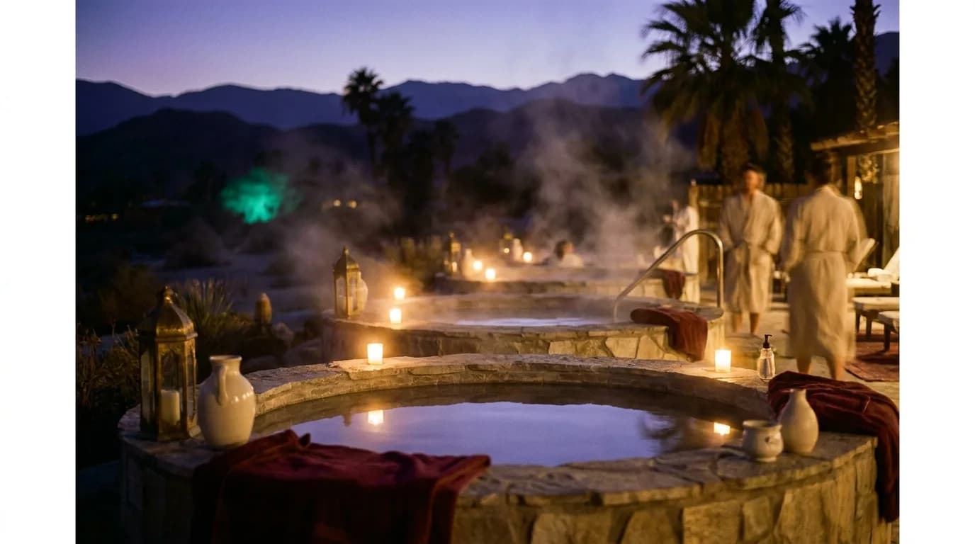California desert hot-springs retreat at dusk