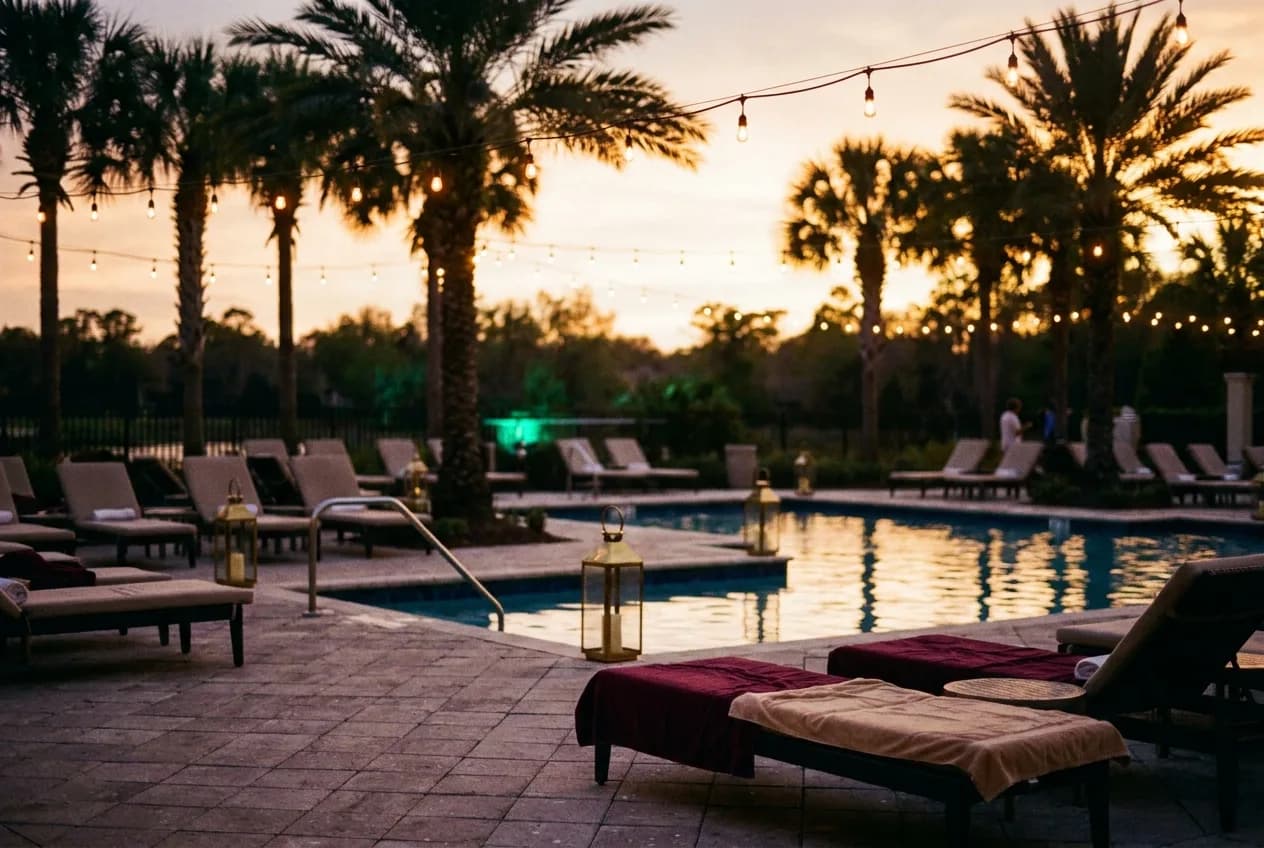 Central Florida resort pool at golden hour