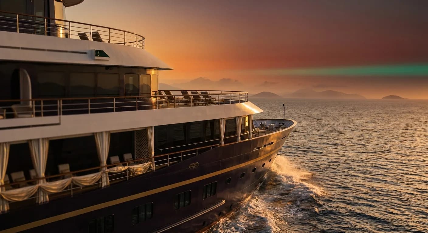 A modern cruise ship on the Caribbean at sunset