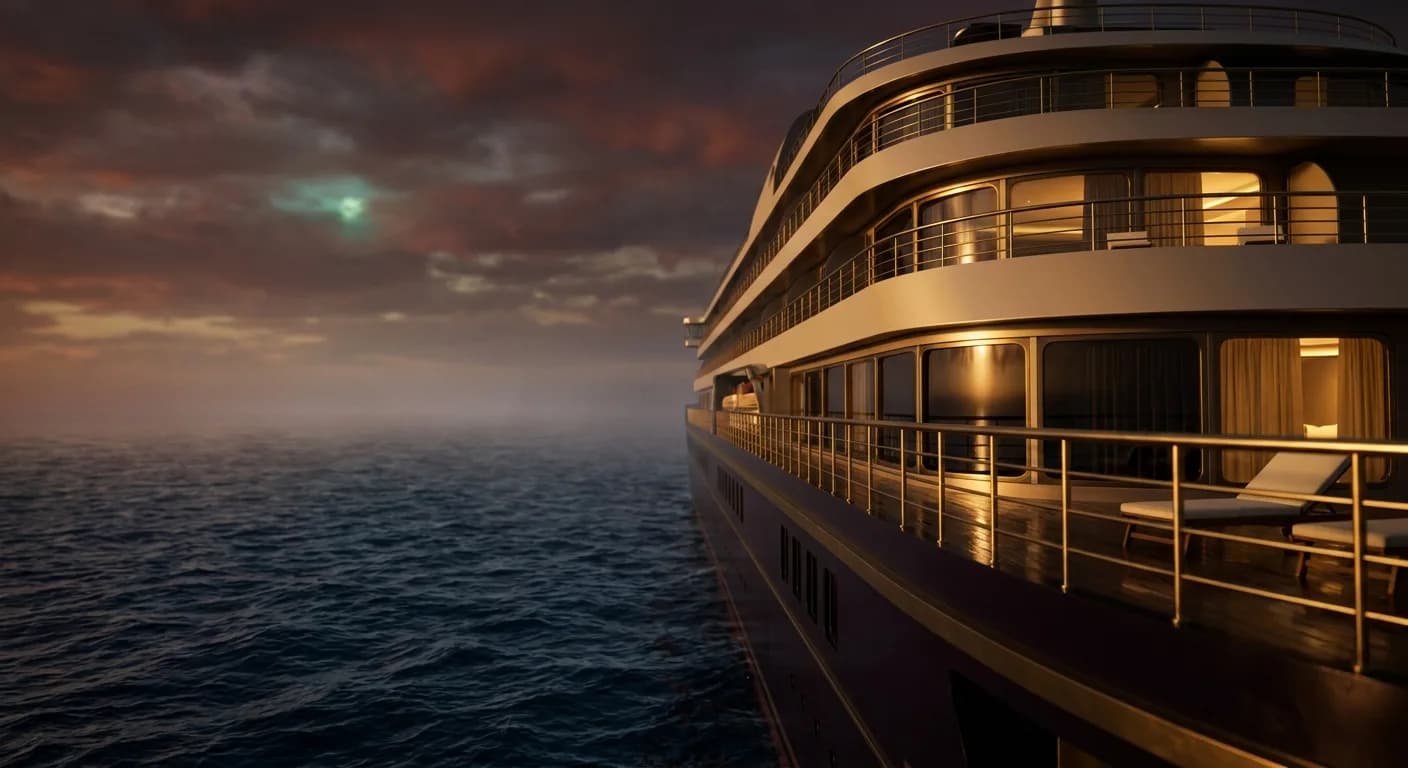 A contemporary cruise ship at sea at dusk