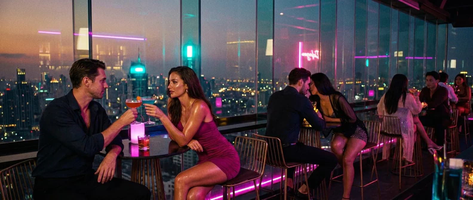 Illustrative scene: adults talking together at a city bar under pink and cyan light