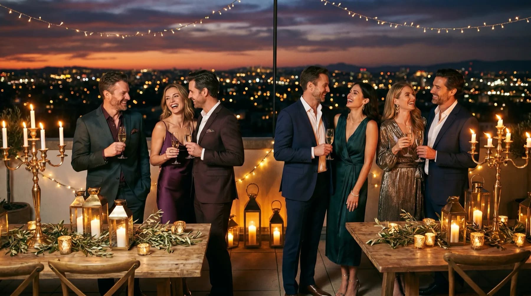 Verified couples and singles enjoying a rooftop party at golden hour