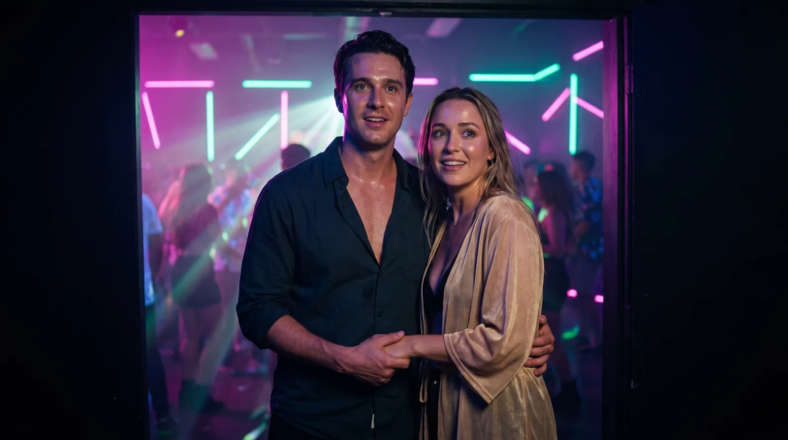 A couple arrives nervous and excited at the glowing entrance of their first glow party