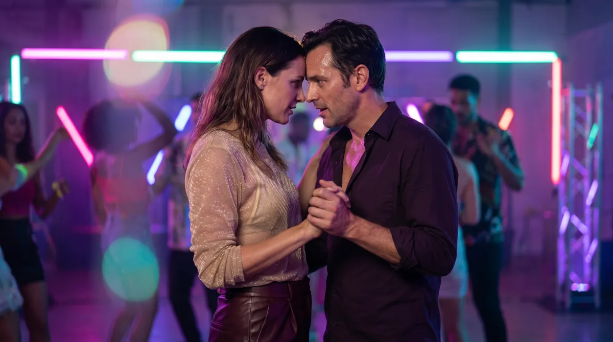 A couple shares a quiet, nervous-excited moment at the edge of a glow party
