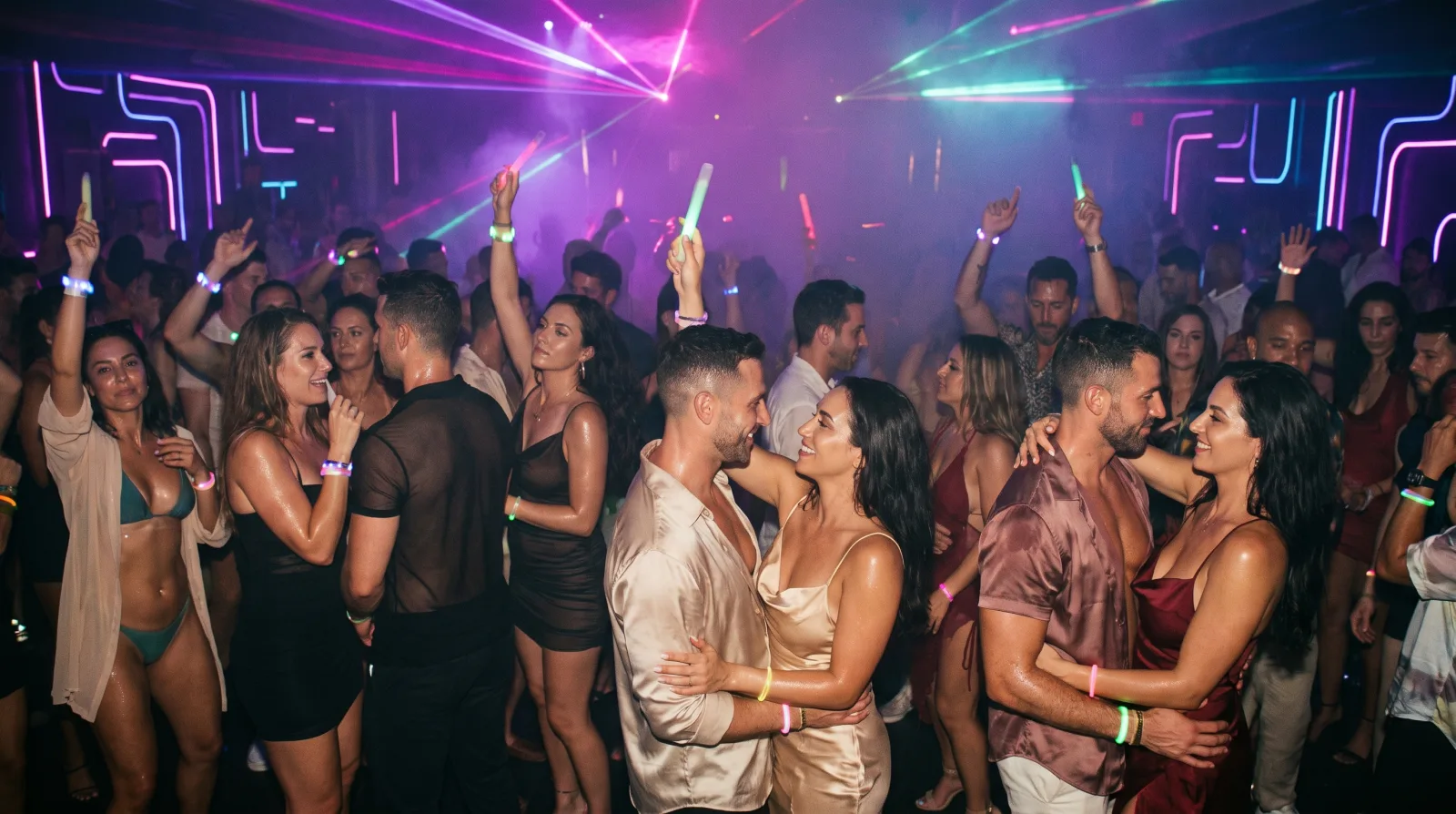 A crowded dance floor at an upscale lifestyle club glows under magenta and teal lasers