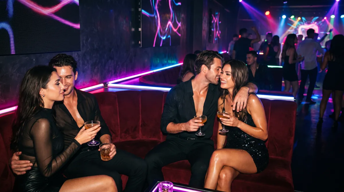 Couples relax on velvet banquettes in a VIP lounge off a glowing club dance floor