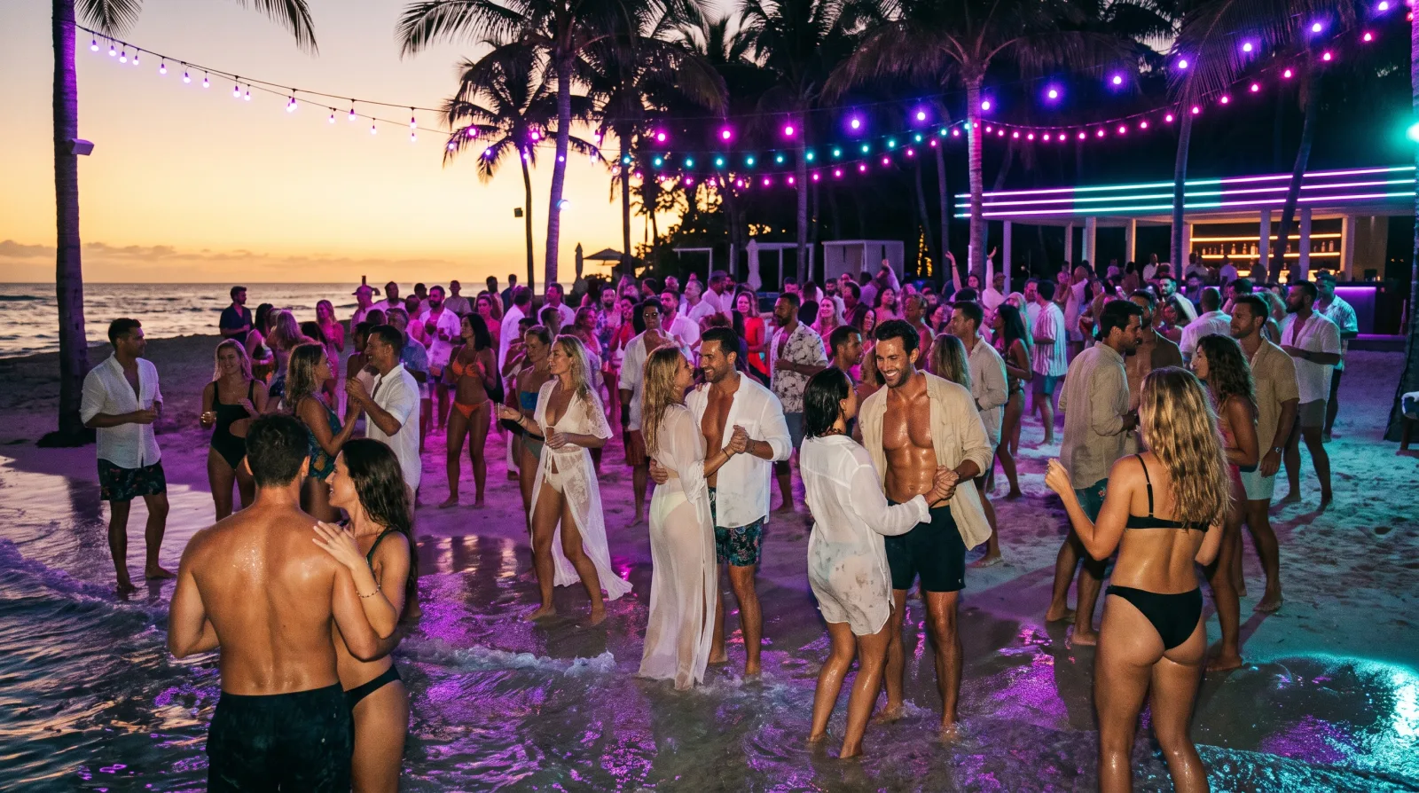 Couples dance at a beach glow party at a lifestyle resort destination at night