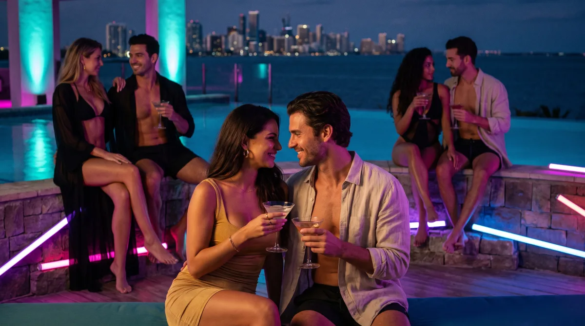 Couples lounge poolside at a rooftop night party with a glowing skyline behind them