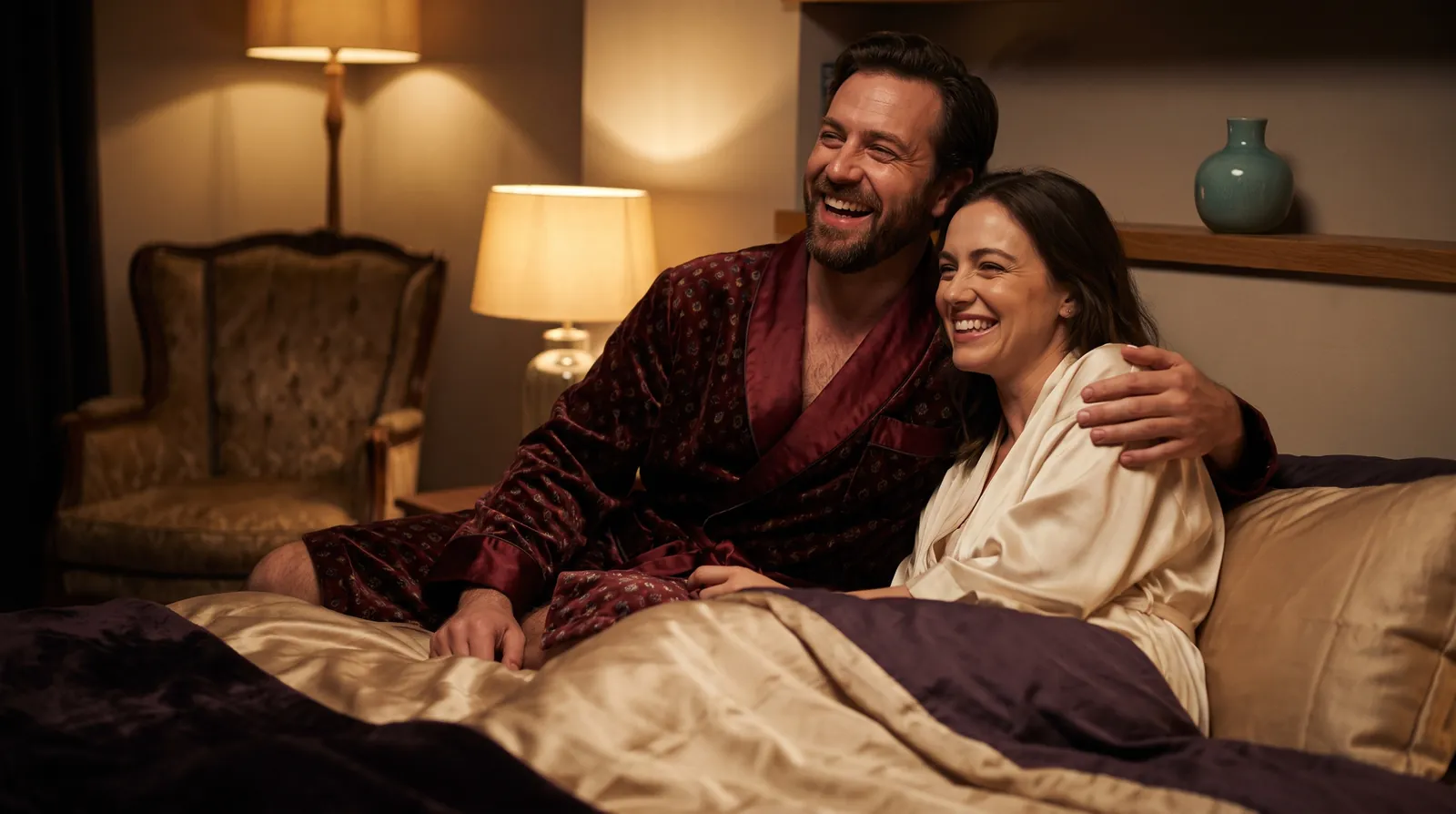 A man in a robe laughs with his partner in a softly lit bedroom, warm and comfortable together