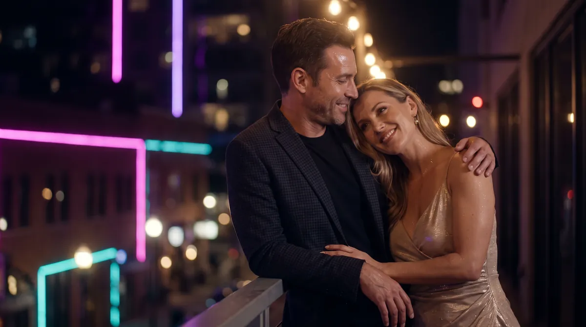 A couple share an affectionate moment on a night balcony, his arm around her, neon glow behind