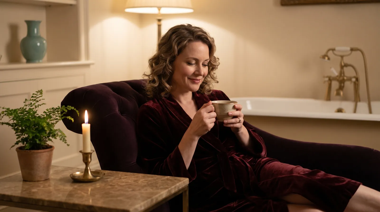 A woman relaxes on a velvet chaise in a softly lit bathroom, smiling over a cup of tea