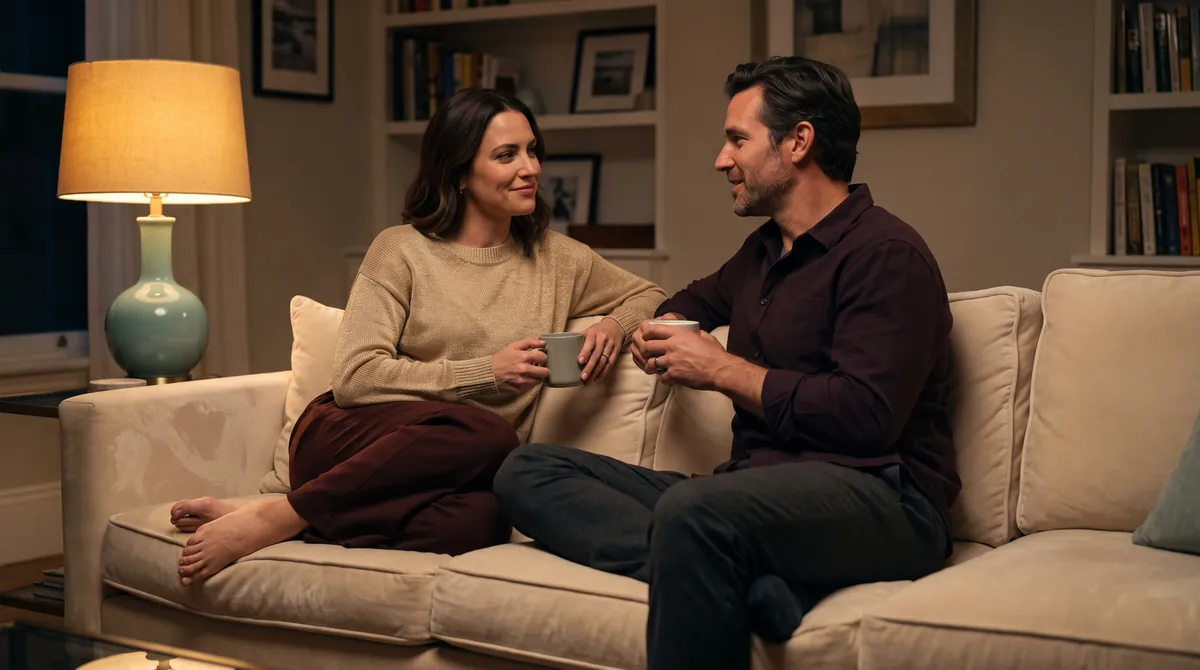 A couple talk openly over mugs on a sofa at home in the evening, attentive and supportive