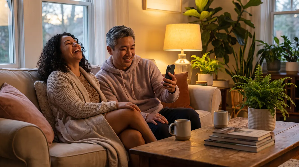 A couple laugh on a sofa at home, one holding a phone, mugs of tea on the table