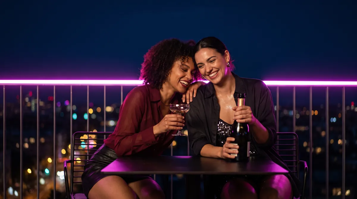 Two women laugh together over champagne at a rooftop table at night with soft city lights behind