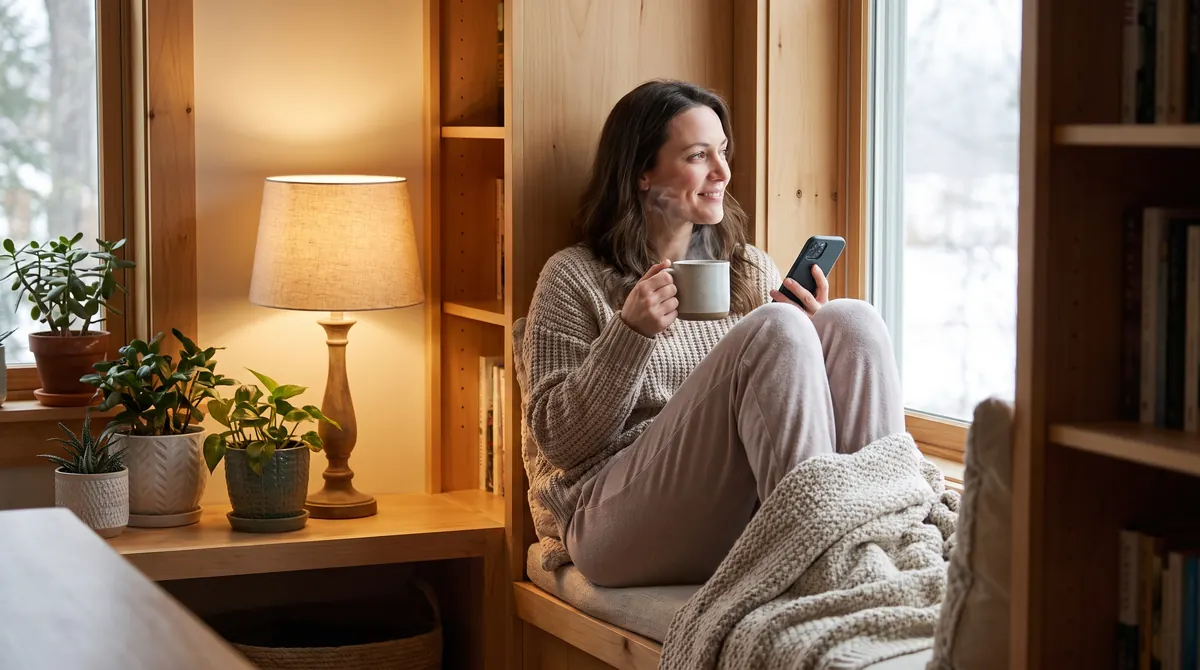 A woman relaxes in a window seat at home with tea and her phone beside a warm lamp