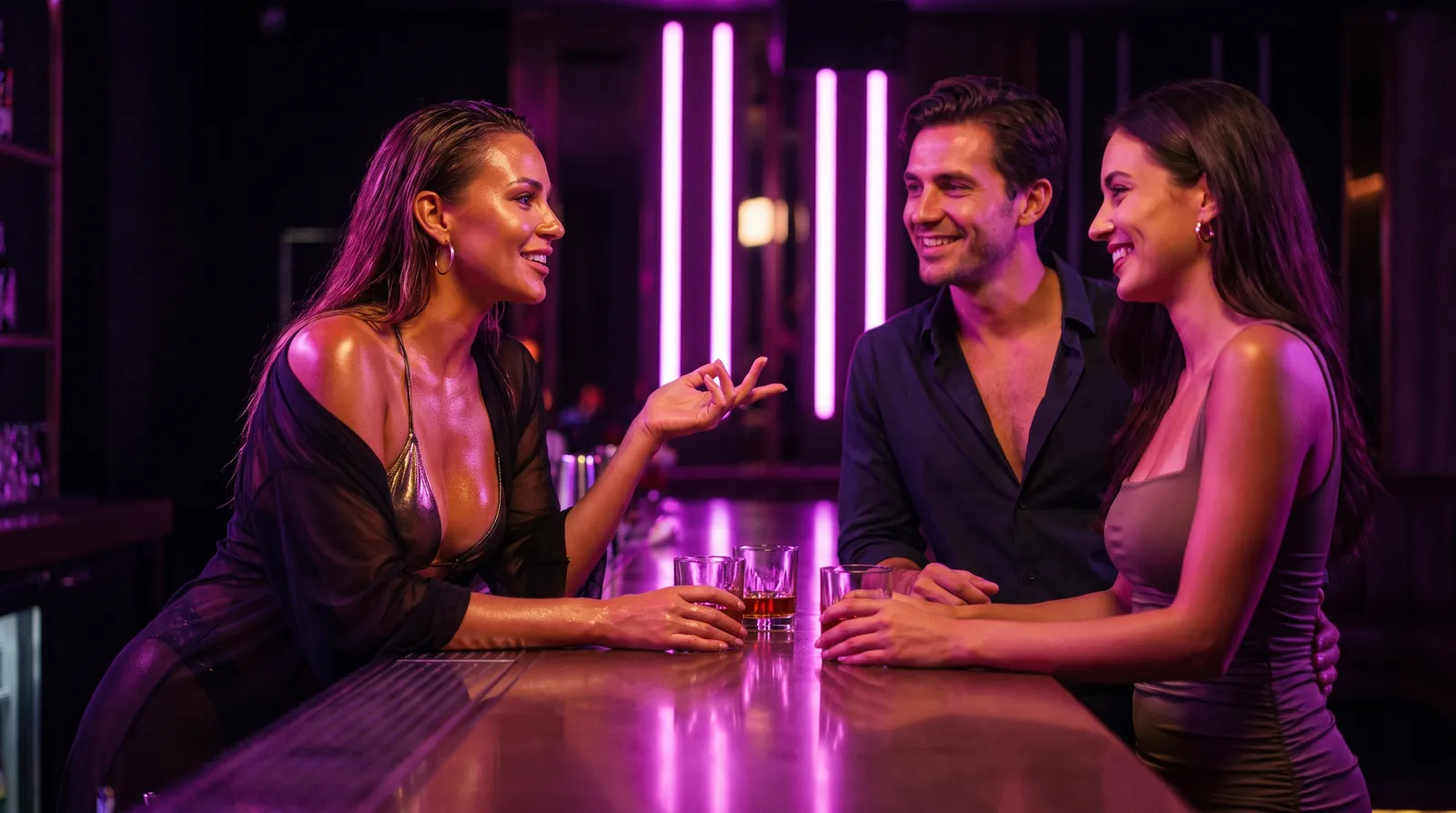 A confident woman leads an easy conversation with a friendly couple at a magenta-lit bar