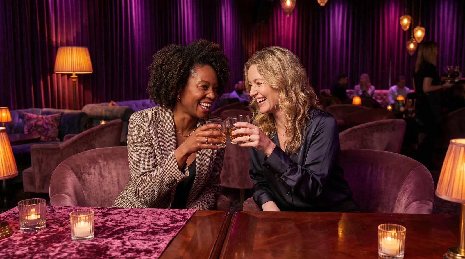 Two women friends toast and laugh at a candlelit velvet lounge table