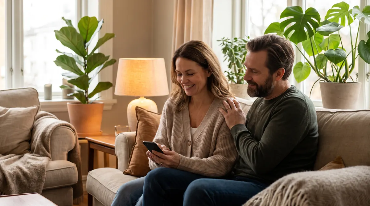 A woman smiles at her phone on a sofa at home as her partner rests a supportive hand on her shoulder