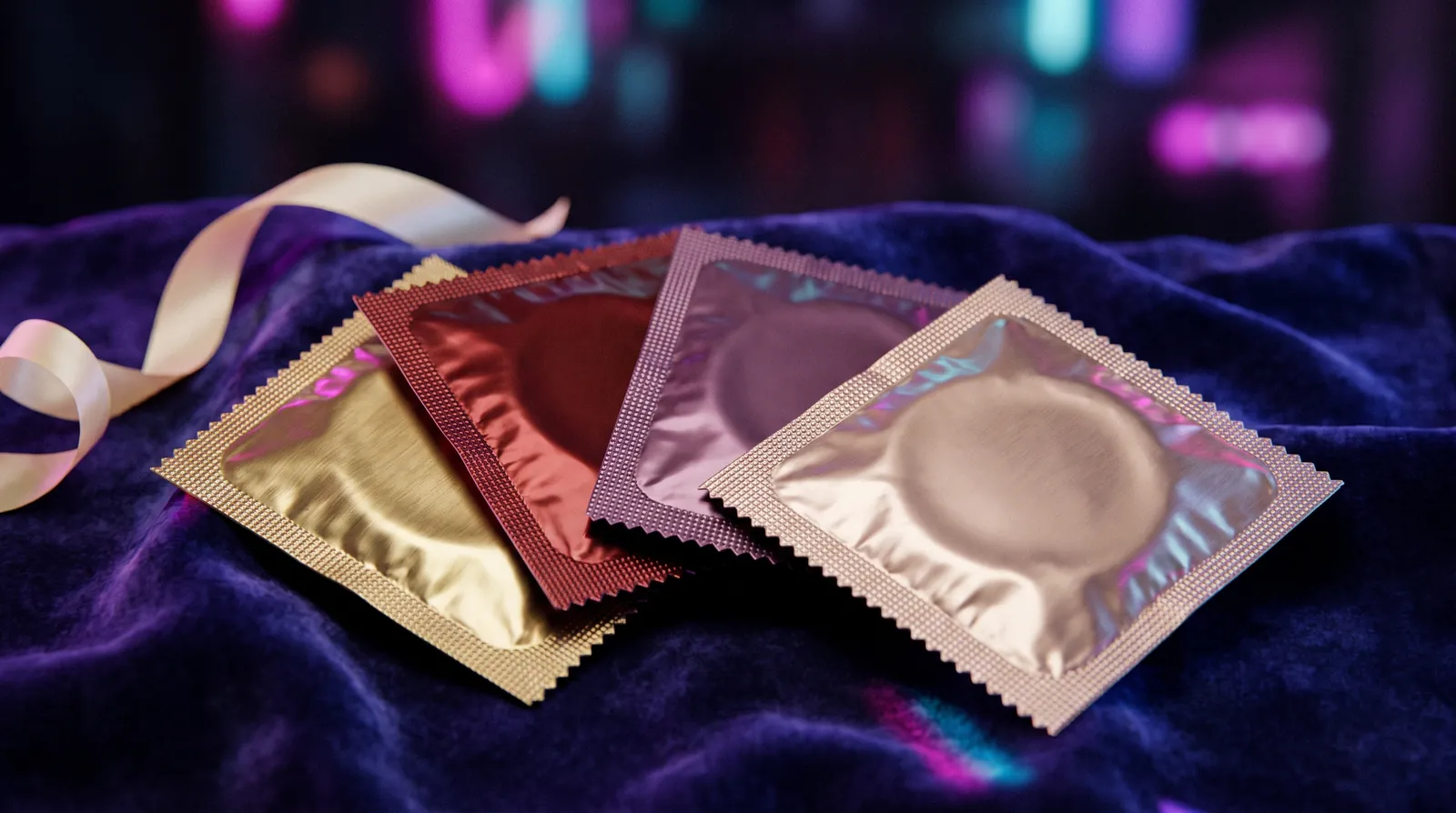Plain, unmarked foil packets in gold, oxblood and plum on dark velvet beside a blank ivory ribbon