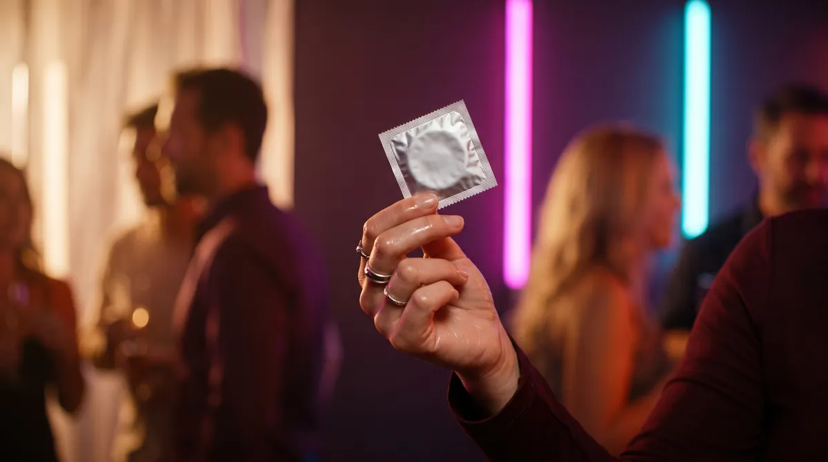 A hand holds up a plain foil packet against neon light at a party, guests softly blurred behind