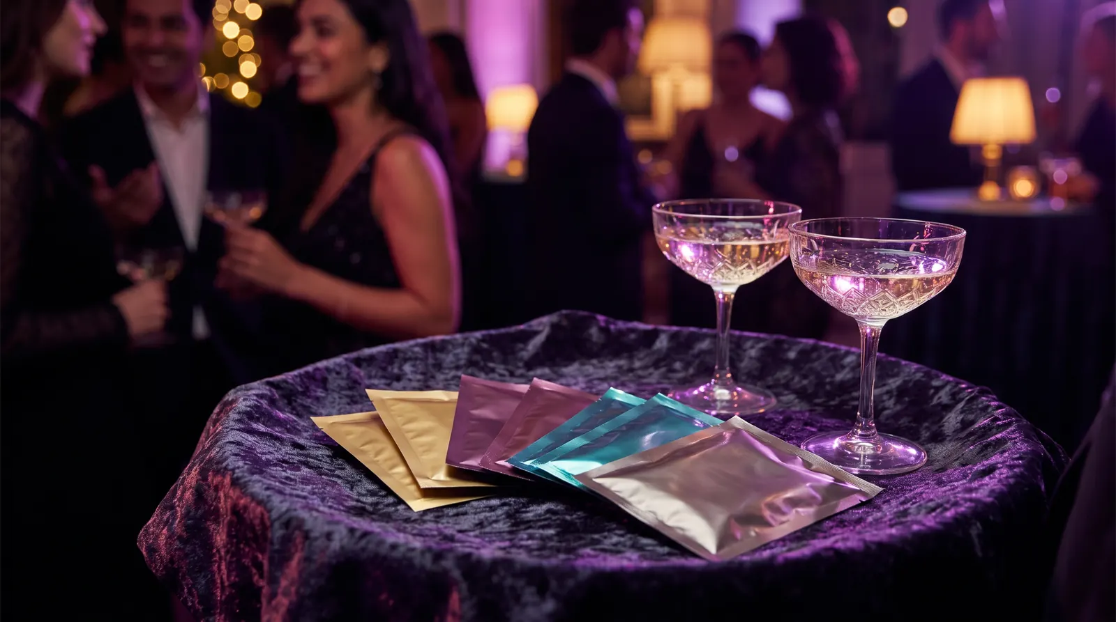 Plain gold, plum, teal and silver foil packets on a velvet tray beside two champagne coupes at a party