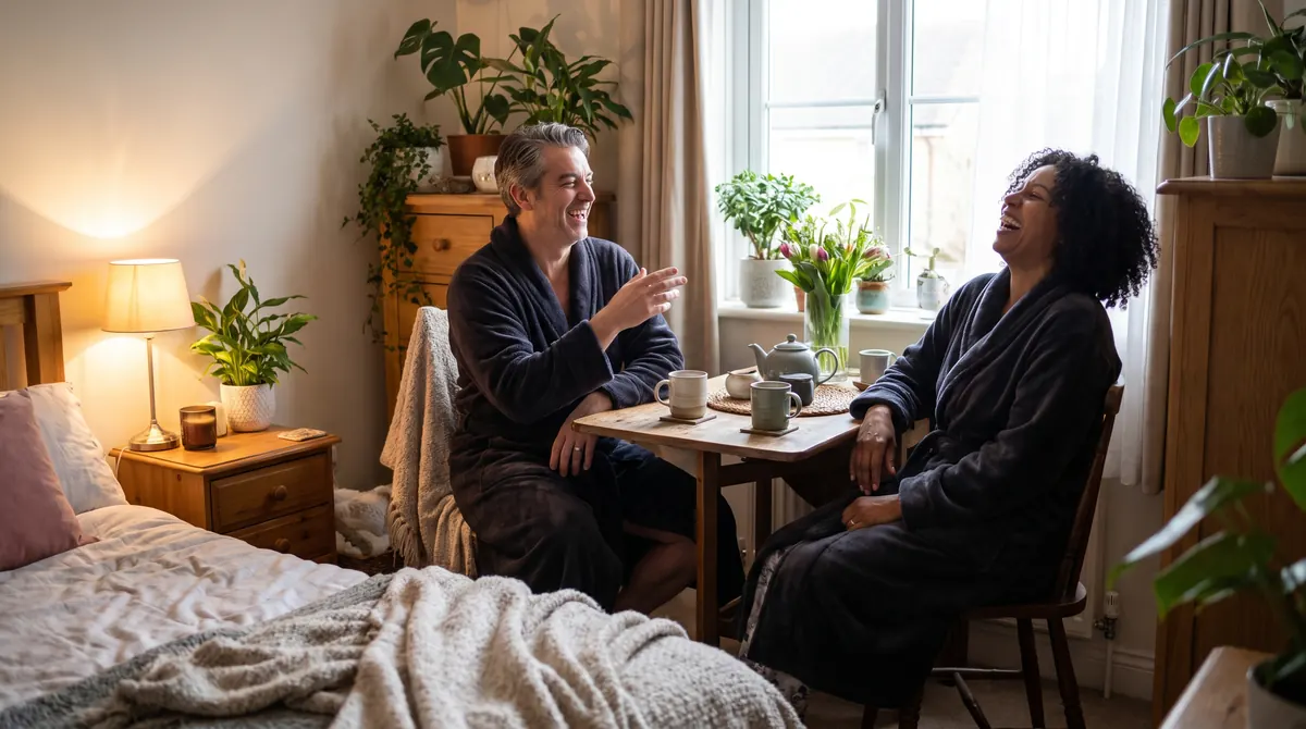 A couple in bathrobes laugh together over tea at a small table in a softly lit bedroom