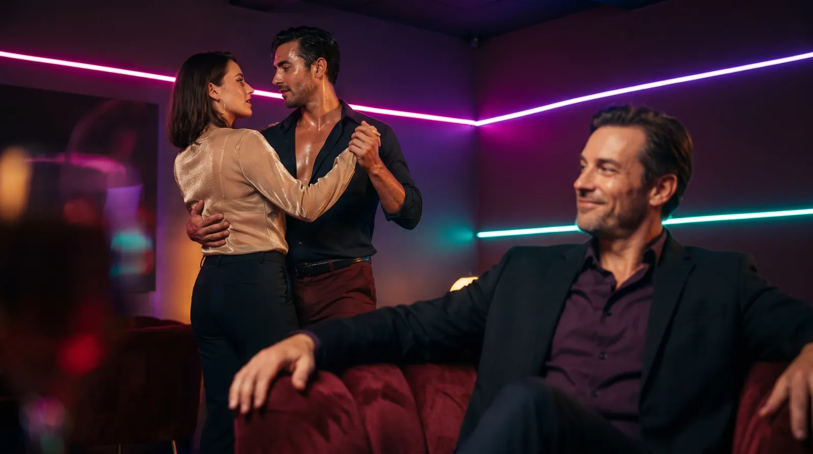 A woman dances with another man at a glow party while her partner watches, smiling, from a velvet armchair