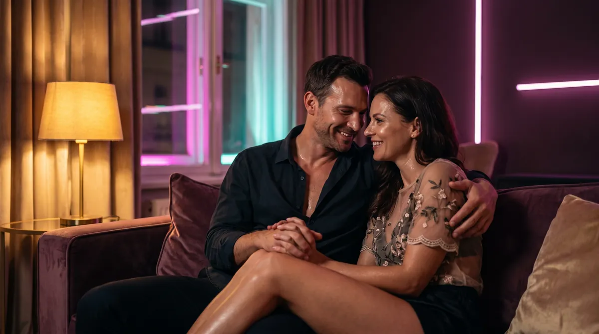 A couple cuddle on a sofa in warm lamplight, laughing and reconnecting after a night out