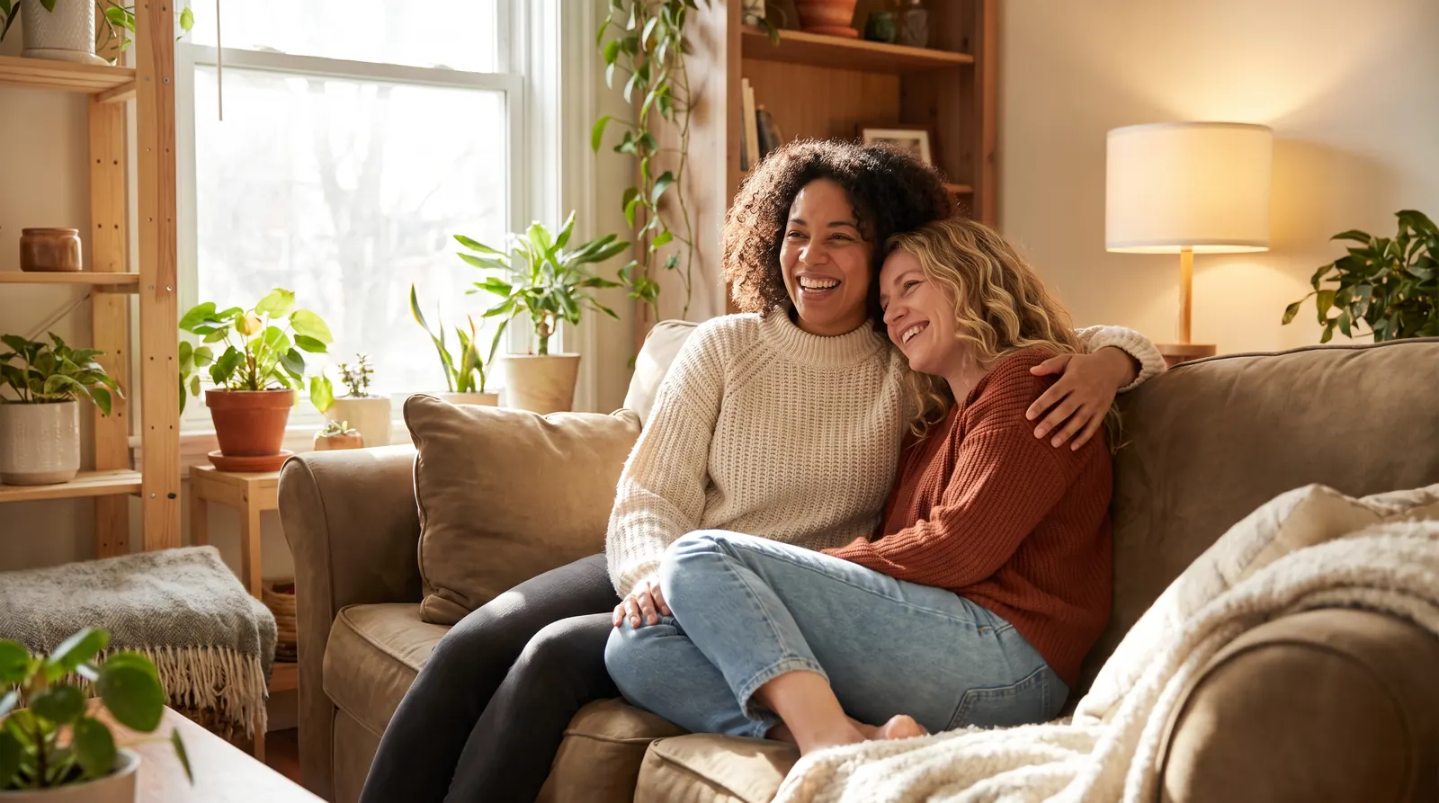 Two women in knit sweaters laugh together on a sunlit sofa, one resting her head on the other's shoulder