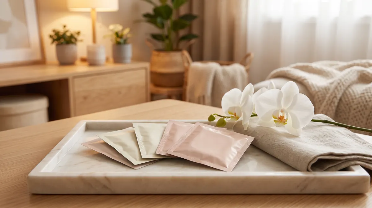 Plain ivory and blush foil packets fanned on a marble tray beside a white orchid and folded linen
