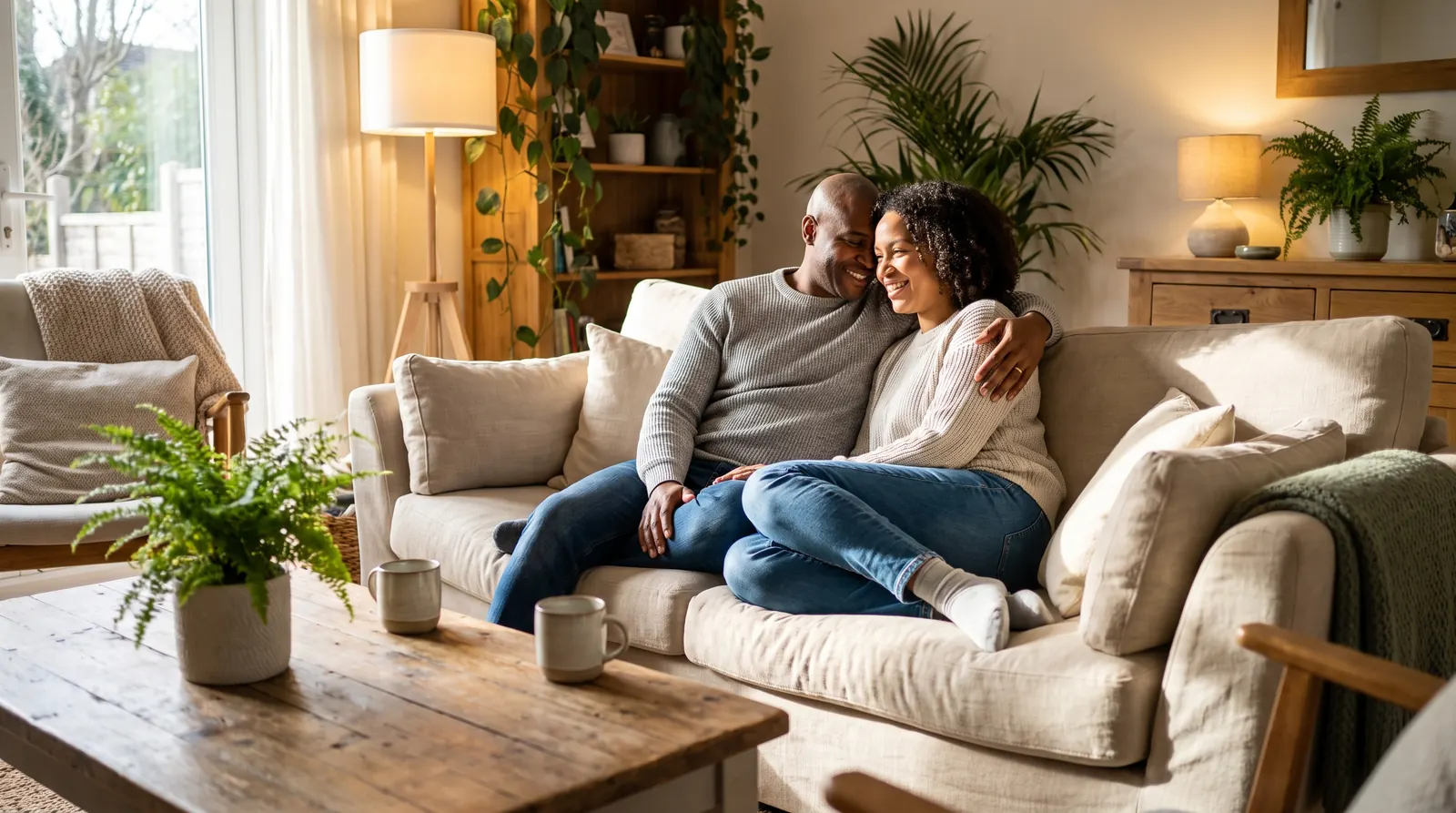 A couple lean together and smile on a sunlit sofa at home, mugs on the wooden table beside them