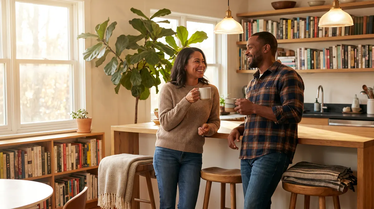 Two friends chat with mugs at a bright kitchen island, smiling and at ease