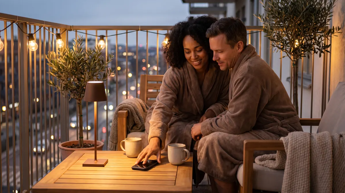 A couple in robes turn a phone face-down on a balcony table as evening settles in